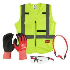 MILWAUKEE SAFETY KIT 2.0 GLOVES+SAFETY GLASSES+EAR PLUGS+HI-VIS BODYWARMER