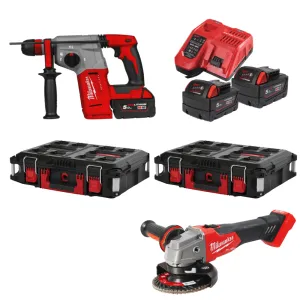 MILW. 18V ROTARY HAMMER + 125 ANGLE GRINDER KIT + 2 BATTERIES 5 AH