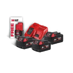 MILWAUKEE POWER PACK 3 BATTERIES 18V 5A + CHARGER + 1 BATTERY 12V 4AH