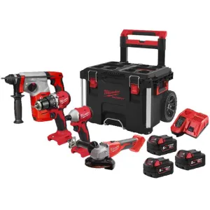 MILWAUKEE 18V DRILL + ROTARY HAMMER + ANGLE GRINDER + IMPACT DRIVER KIT + 3 BATTERIES
