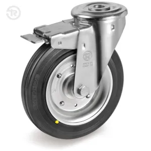 TELLURE ROTA RUBBER SWIVEL PLATE CASTOR, DRILLED, WITH BRAKE — 5 SIZES, FROM D.80 TO D.200MM