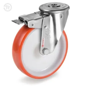 TELLURE ROTA RUBBER CASTOR, STAINLESS STEEL DRILLED BRACKET, WITH BRAKE — D.80 / D.100 / D.125MM