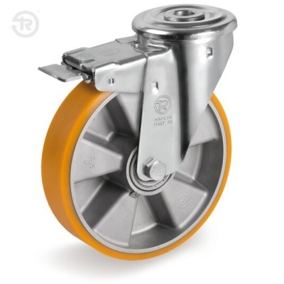 RUOTA POLIURETANO SUPPORTO FORATO CON FRENO TELLURE ROTA — D.80 / D.100MM