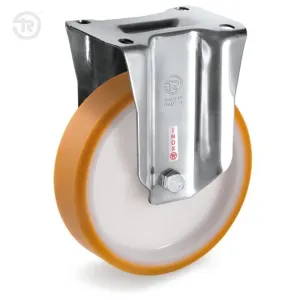 TELLURE ROTA POLYURETHANE FIXED CASTOR, STAINLESS STEEL BRACKET — 6 SIZES, FROM D.80 TO D.200MM