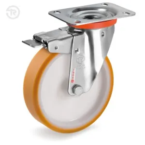 TELLURE ROTA POLYURETHANE SWIVEL CASTOR, STAINLESS STEEL BRACKET, WITH BRAKE — D.100-D.175MM