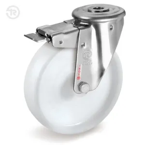 TELLURE ROTA NYLON FIXED CASTOR, STAINLESS STEEL BRACKET, WITH BRAKE, D.125