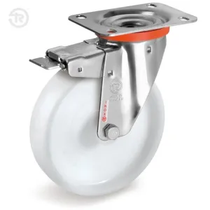 TELLURE ROTA NYLON CASTOR, STAINLESS STEEL BRACKET, WITH BRAKE, D.100