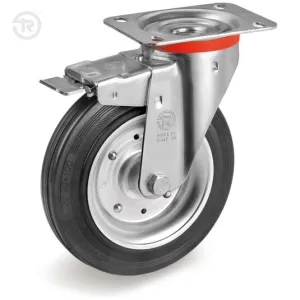 TELLURE ROTA RUBBER SWIVEL PLATE CASTOR WITH BRAKE — 6 SIZES, FROM D.80 TO D.200MM