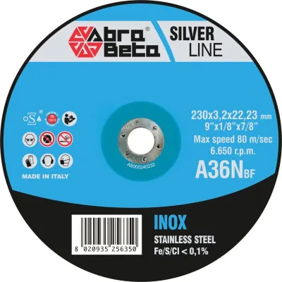 DISCO DA TAGLIO ABRA BETA LINEA SILVER A36N PER ACCIAIO INOX PER SMERIGLIATRICE ANGOLARE - DISPONIBILE NEI DIAMETRI 115 E 230 MM