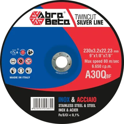DISCO DA TAGLIO ABRA BETA LINEA SILVER A36Q PER INOX E ACCIAIO PER SMERIGLIATRICE ANGOLARE - DISPONIBILE NEI DIAMETRI 115, 125 E